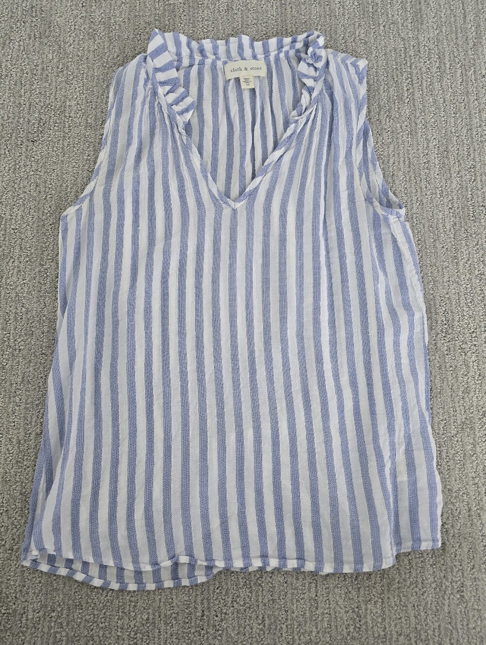 cloth & stone Blue and White Vertical Stripe Ruffle V-Neck Tank